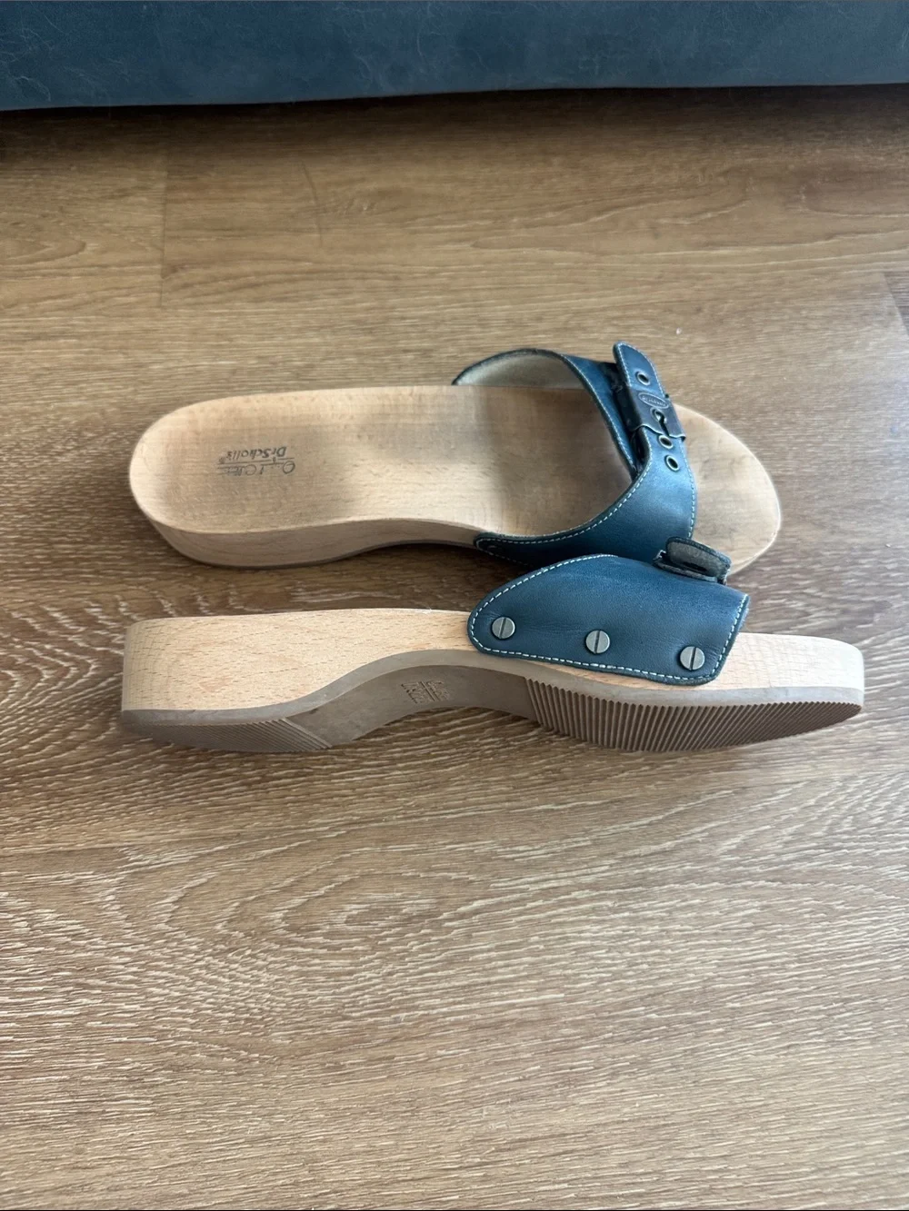 Dr. Scholl's Navy Leather Wood-Platform Slide Sandals